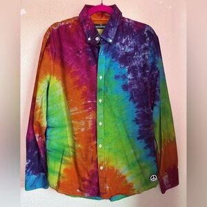 Peace Addict Tie Dyes Hand Dyed Multi Rainbow Button Down Long Sleeve Top L